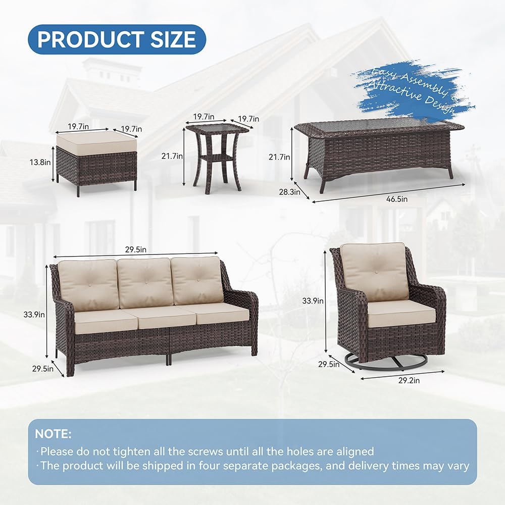 Kurapika 7-Piece Patio Furniture Set, Wicker Thick-Backed Outdoor Swivel Rocking Chair, Includes Coffee Table and Thick Cushions, Conversation Set for Porch,Patio, Sand