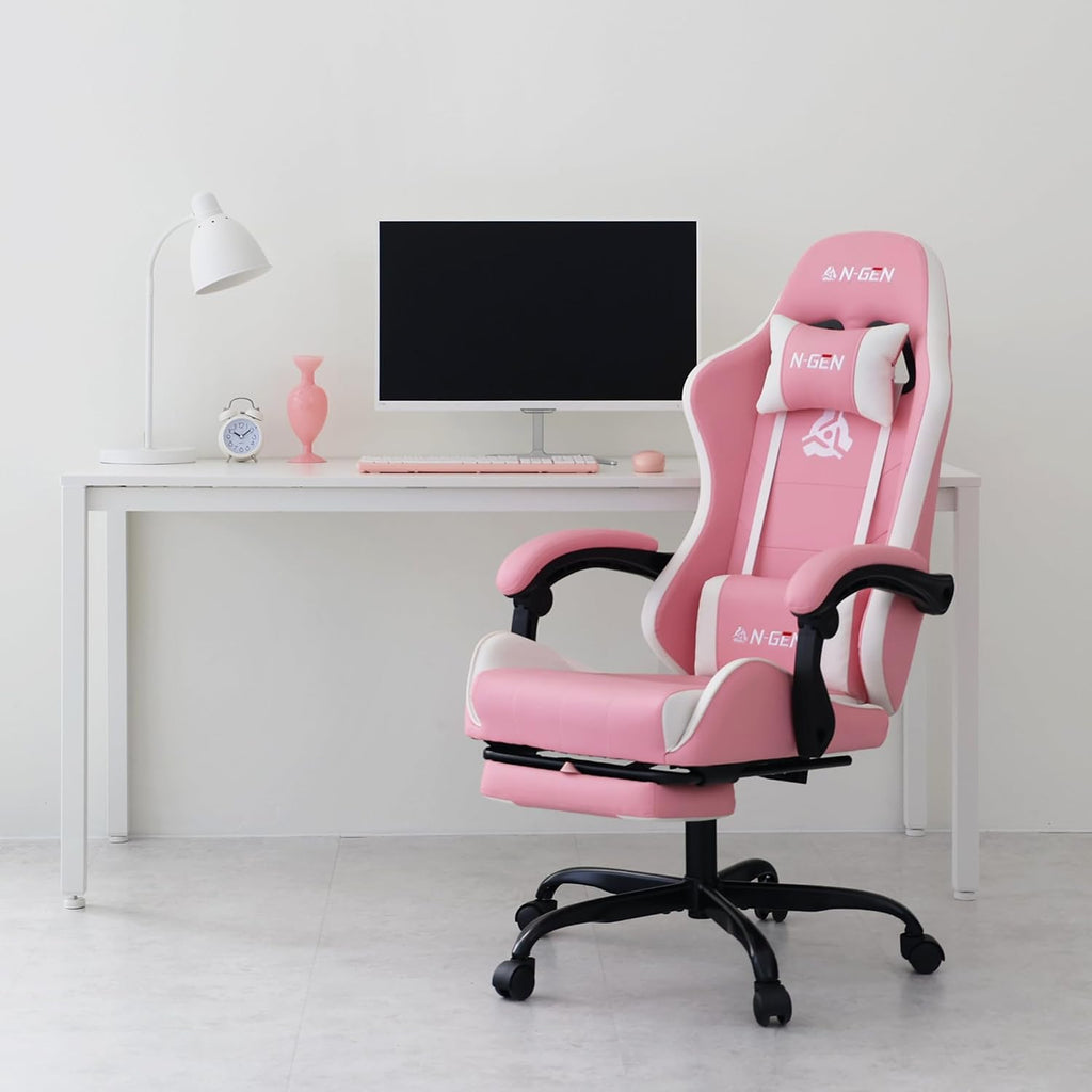 NEO CHAIR Video Gaming Chair with Footrest High Back Ergonomic Comfortable Office Computer Desk with Lumbar Support Height Adjustable with PU Leather Recliner for Adults Women Men (Pink)