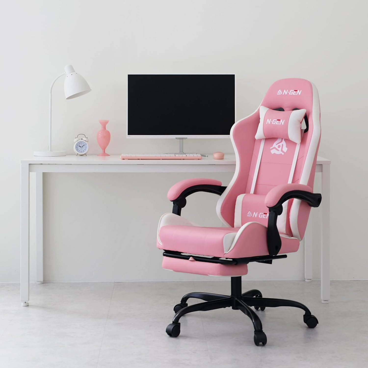 NEO CHAIR Video Gaming Chair with Footrest High Back Ergonomic Comfortable Office Computer Desk with Lumbar Support Height Adjustable with PU Leather Recliner for Adults Women Men (Pink)