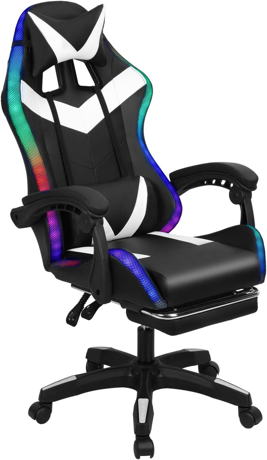 Gaming Chair with Bluetooth Speakers and RGB LED Lights, High Back Video Game Massage Chair 360° Swivel Height Adjustable Recliner with Footrest & Headrest Lumbar Support Pillows (Black & White)