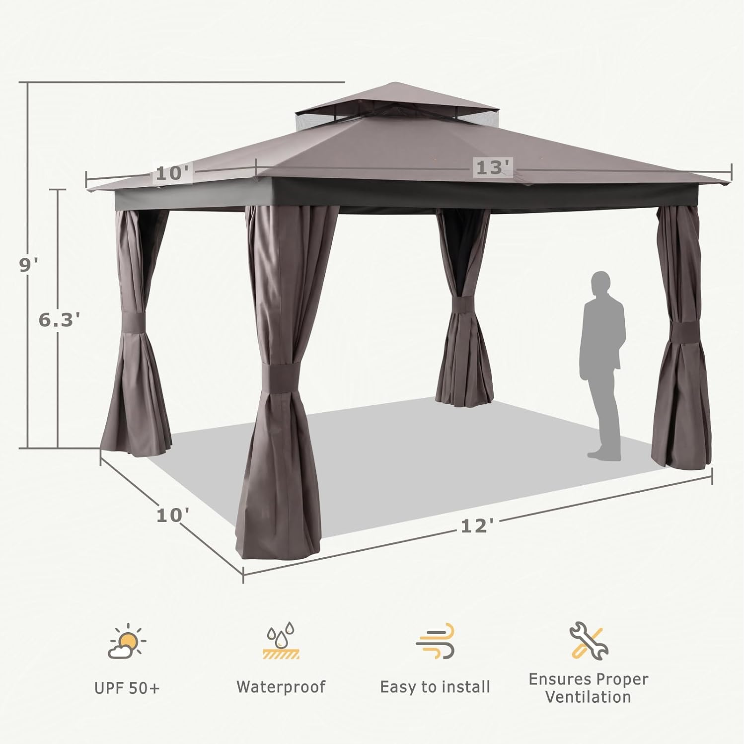 10'x12' Outdoor Gazebo, Heavy Duty Metal Frame Patio Gazebo Canopy with Waterproof Double Roofs, Tent Shelter with UPF50+ Protection, Mosquito Netting and Privacy Screens for Backyard, Garden, Lawn
