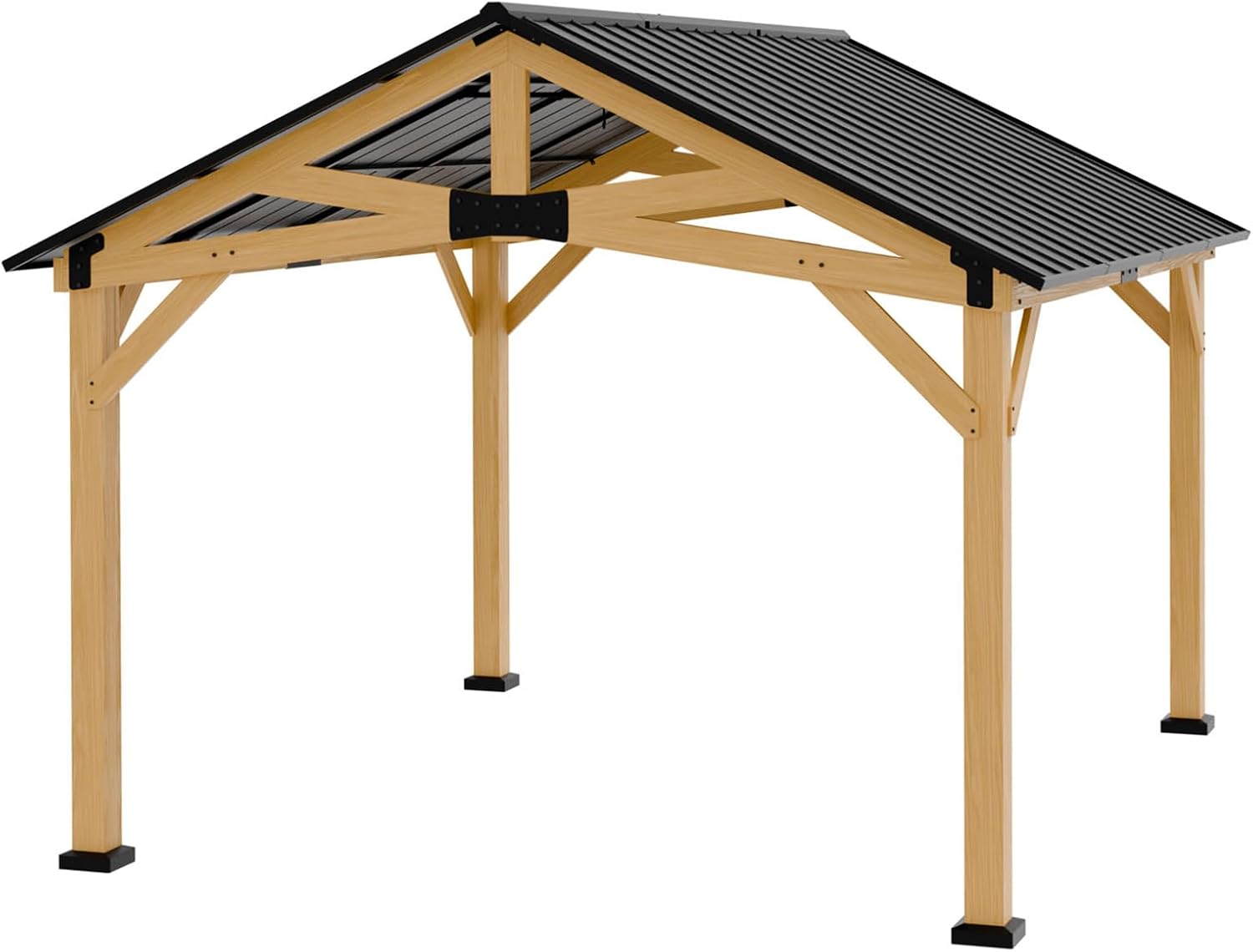 EAGLE PEAK 11x13 Hardtop Gazebo, Exposed Beam Rustic Gazebo, Galvanized Steel Gable Roof with Cedar Wood Frame, Outdoor Pavilion for Patio, Deck, Lawn and Garden Natural Wood/Black