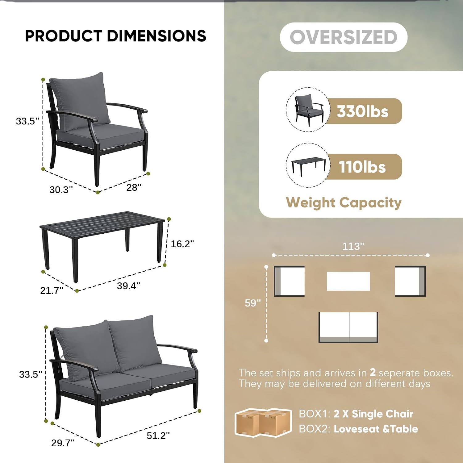 JOYURE 4 Pieces Patio Furniture Set w/loveseat,Coffe Table,Outdoor Conversation Metal Sofa with High Back and Thick Cushion,for Backyard,Garden,Grey