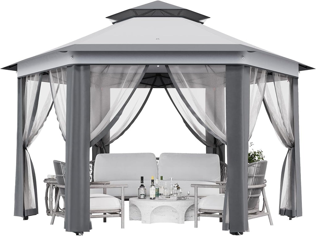 13x13ft Pop Up Gazebo, Outdoor Gazebo with 6 Pieces of Mesh Cloth, Zipper Door & Double Roof, Adjustable Tent Pavilion, UV-Resistant Outdoor Party Tent for Backyard, Garden (Light Gray + Dark Gray)