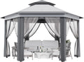 13x13ft Pop Up Gazebo, Outdoor Gazebo with 6 Pieces of Mesh Cloth, Zipper Door & Double Roof, Adjustable Tent Pavilion, UV-Resistant Outdoor Party Tent for Backyard, Garden (Light Gray + Dark Gray)