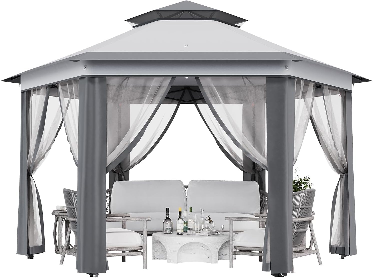 13x13ft Pop Up Gazebo, Outdoor Gazebo with 6 Pieces of Mesh Cloth, Zipper Door & Double Roof, Adjustable Tent Pavilion, UV-Resistant Outdoor Party Tent for Backyard, Garden (Light Gray + Dark Gray)