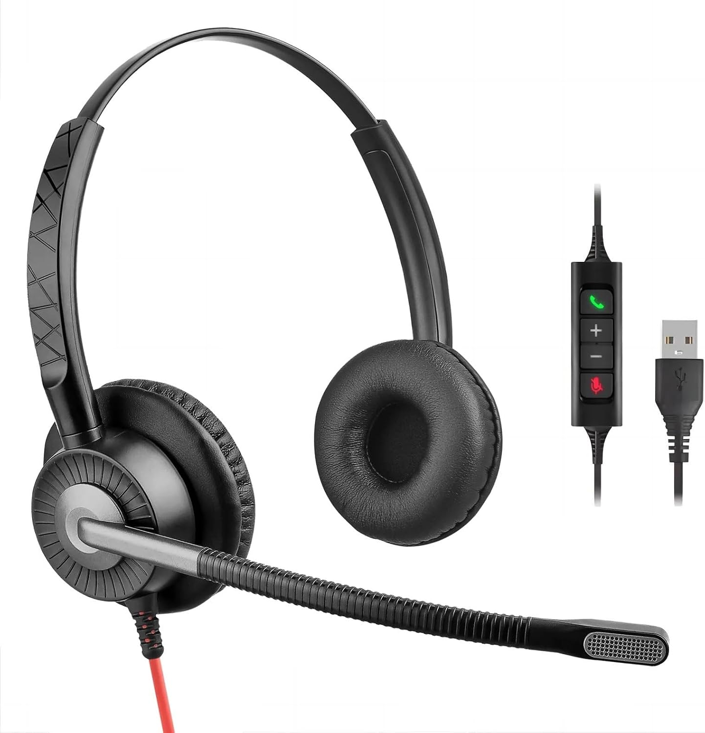 ENCASED (Bulk 500-Count) Wired PC/Laptop Headset, Noise-Cancelling Mic, USB-A, in-Line Controls, for Meetings, Gaming, Music - Black/Red