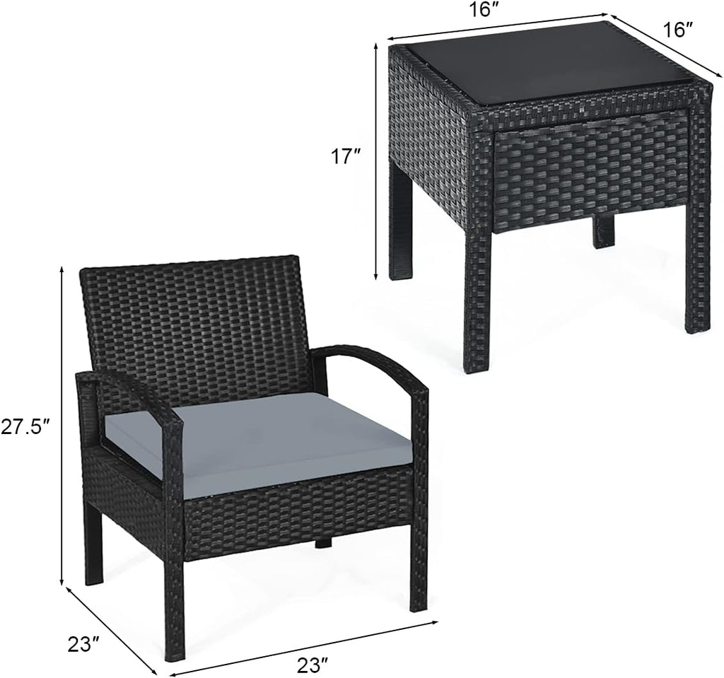 Tangkula 3 Piece Patio Conversation Set, Outdoor Rattan Sofa Set with Seat Cushions & Coffee Table, Patio Wicker Furniture Set for Garden Balcony Backyard Poolside (Grey)