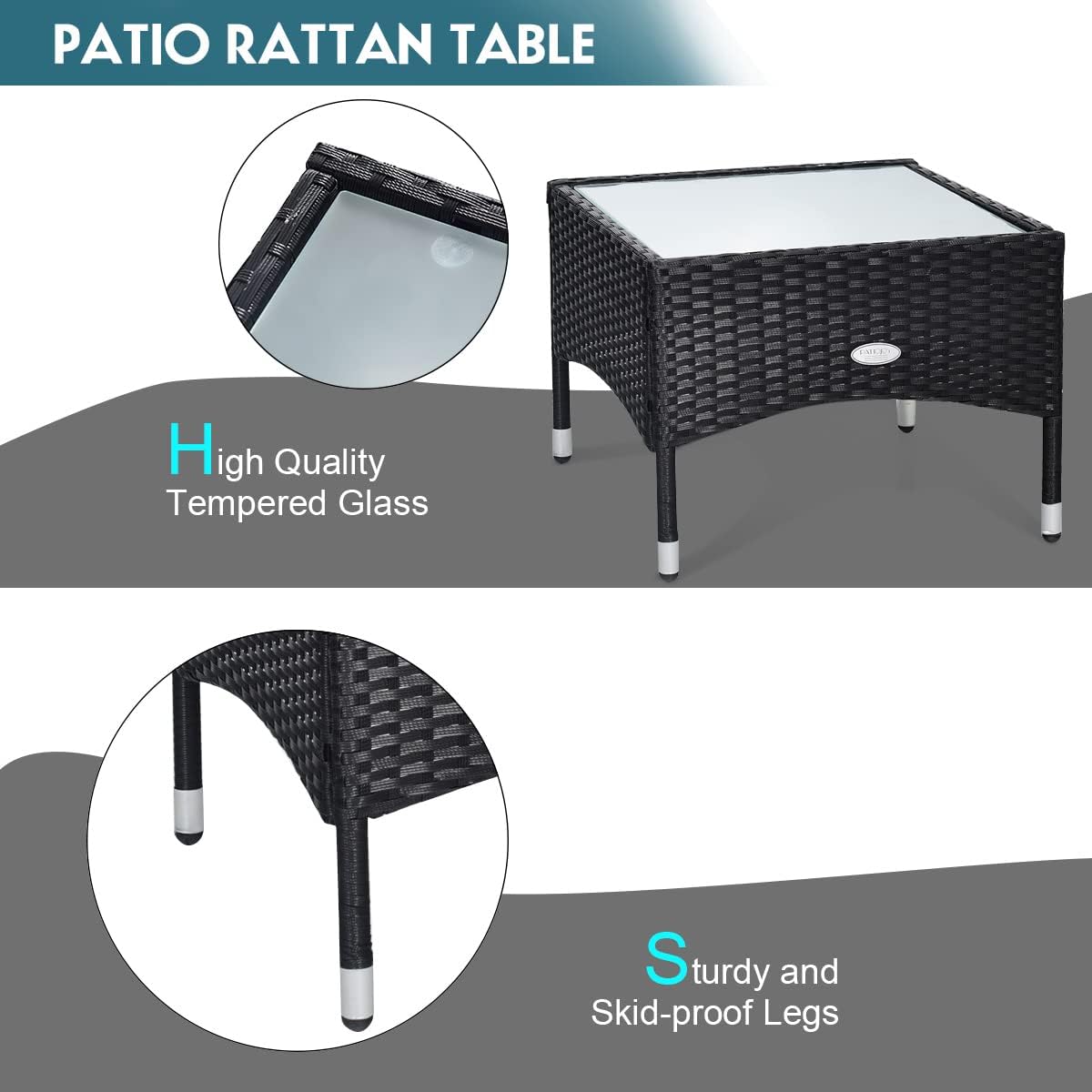 COSTWAY 3 PCS Patio Wicker Conversation Set, PE Rattan Sofa with Tempered Glass Coffee Table, 2 Chairs, 2 Cushions, Outdoor Patio Furniture Set for Yard Porch Bistro Balcony Backyard Pool, Turquoise