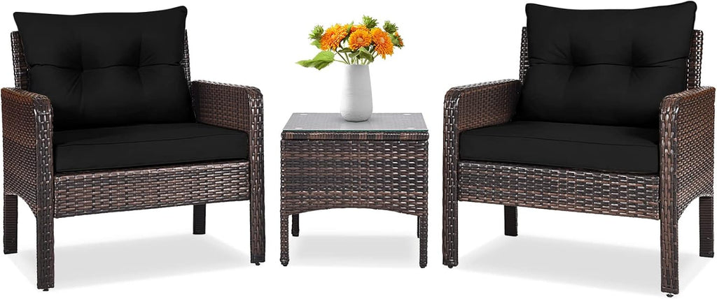 Tangkula 3 Piece Outdoor Patio Furniture Set, Wicker Chairs Set with Glass Top Coffee Table, Thick Cushions, All Weather Garden Lawn Poolside Backyard Porch Furniture Set for 2 (Black)