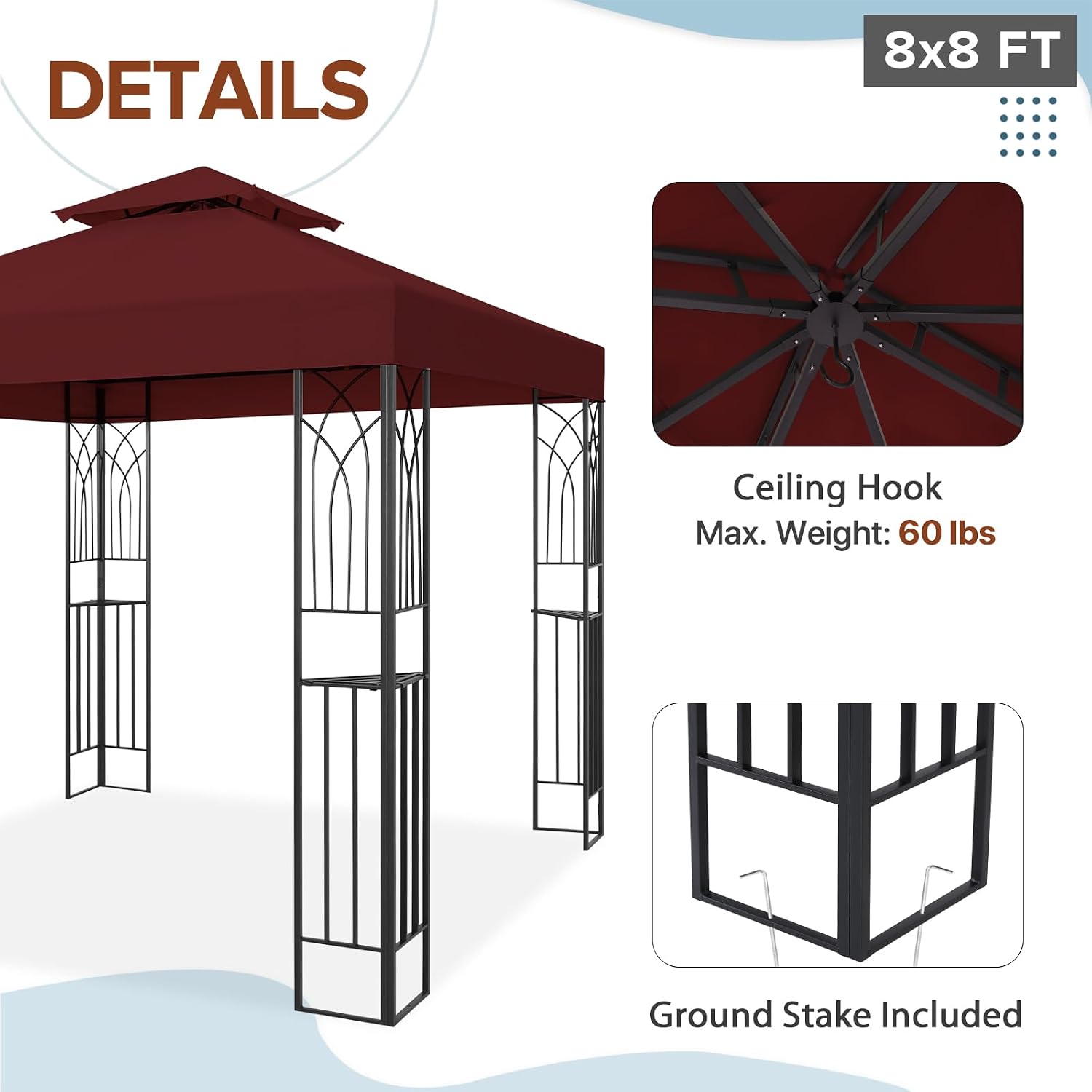 EAGLE PEAK Patio Gazebo 8x8 with Corner Shelves, Double Roof Outdoor Pavilion for Lawn, Deck, Garden and Backyard, Red