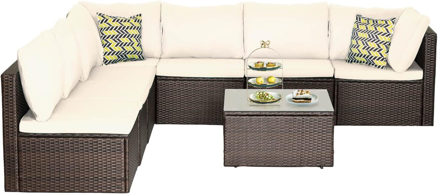 PayLessHere 8 Piece Patio Furniture Set Outdoor Furniture Sectional Sofa Set Rattan Wicker Conversation Set Coffee Table Khaki Cushion for Backyard Porch Balcony Poolside Garden