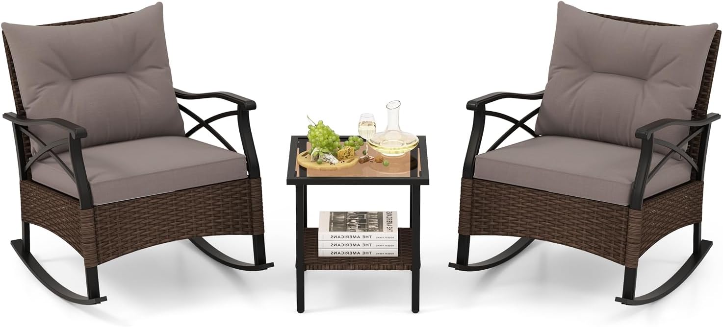 Tangkula 3 Pieces Outdoor Rocking Chairs Set, Rattan Heavy Duty Cushioned Rocker Chairs with 2-Tier Tempered Glass Coffee Table, for Garden, Balcony, Backyard