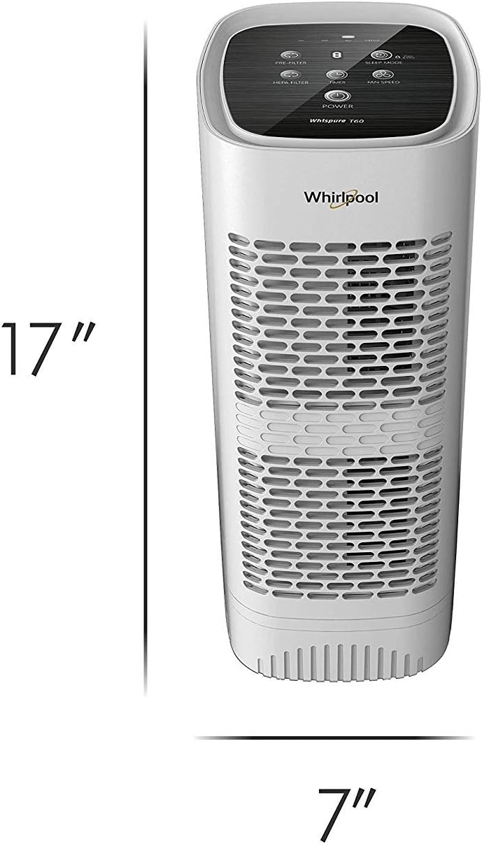 Whirlpool, WPT60P Whispure True Hepa Air Purifier, Activated Carbon Advanced Anti-Bacteria, Ideal for Allergies, Odors, Pet Dander, Mold, Smoke, Wildfire, and Germs, Medium, White