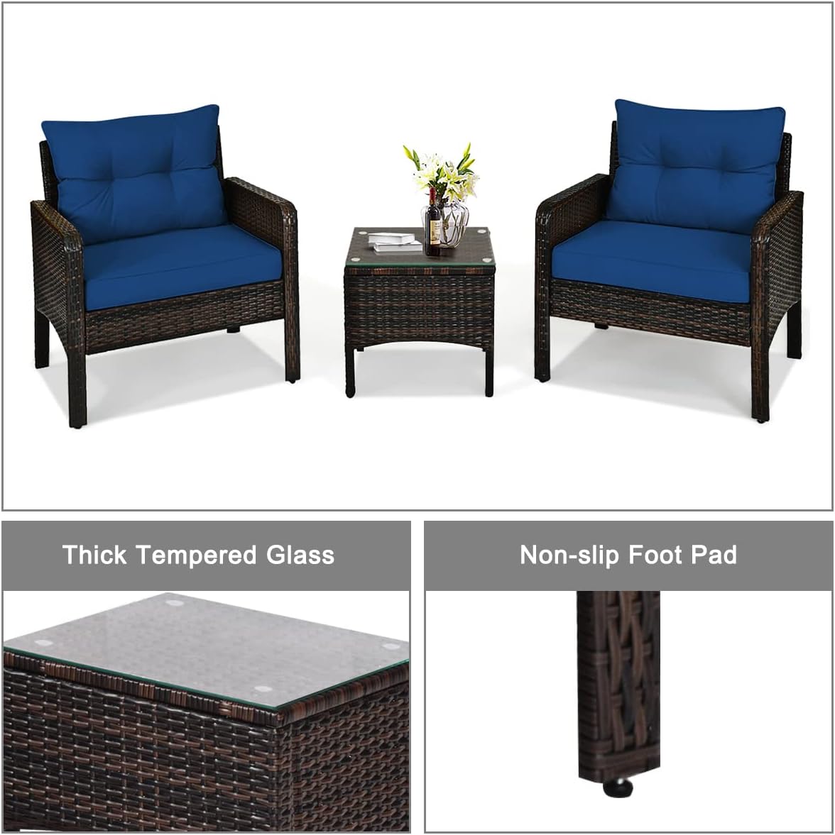 HAPPYGRILL 3 Piece Patio Conversation Set Outdoor Rattan Wicker Furniture Set with Coffee Table & Chairs Patio Bistro with Seat Cushions for Garden Balcony Backyard Poolside