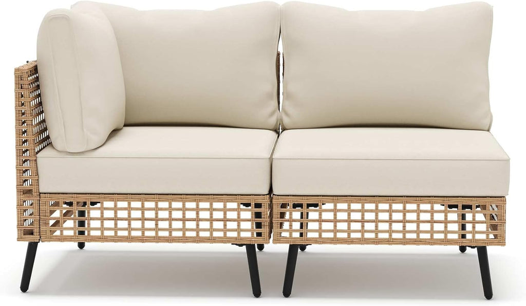 LAUSAINT HOME 2 Pieces Outdoor Sectional Sofa Set, All-Weather PE Wicker Rattan Patio Conversation Set with Thick Cushions & Coffee Table, Patio Furniture Set for Garden, Backyard, Porch (Beige)