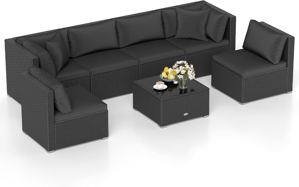 Tangkula 7 Pieces Wicker Patio Furniture Set, Outdoor Sectional Rattan Sofa Set for 6 with Seat & Back Cushions, Pillows, Coffee Table, Modular Conversation Set for Backyard, Poolside, Deck & Garden