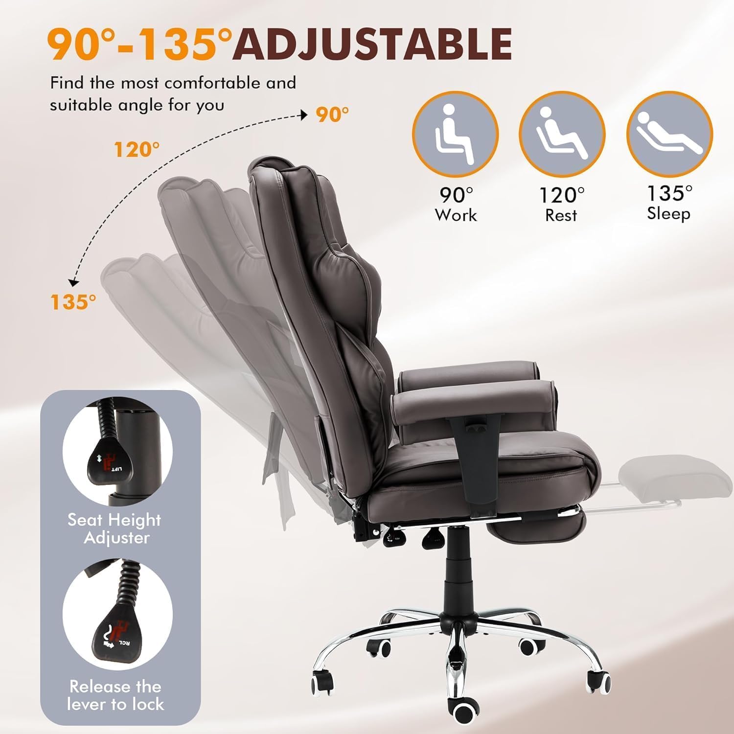 HOMREST 6-Point Massage Executive Chair,Heat Office Chair,Ergonomic Home Office Desk Chairs with Retractable Footrest and Reclining Function,Leather Computer Chair with Adjustable Armrest(‌Brown)