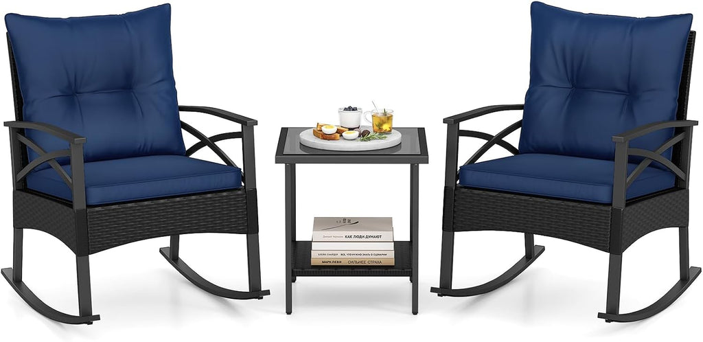Tangkula 3 Pieces Outdoor Rocking Chairs Set, Rattan Heavy Duty Cushioned Rocker Chairs with 2-Tier Tempered Glass Coffee Table, for Garden, Balcony, Backyard (Black+Navy)
