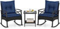 Tangkula 3 Pieces Outdoor Rocking Chairs Set, Rattan Heavy Duty Cushioned Rocker Chairs with 2-Tier Tempered Glass Coffee Table, for Garden, Balcony, Backyard (Black+Navy)
