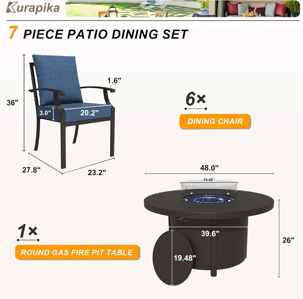 Kurapika 7 Piece Metal Outdoor Patio Furniture Set with 48' Round Fire Pit Table, Patio Conversation Sets 6 Fixed Chairs with Thick Cushion and 40000 BTU Propane Fire Pit Table, Navy Blue