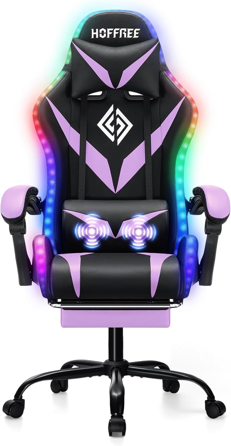 RGB Gaming Chair with Massage and LED Lights Ergonomic Computer Chair with Footrest Reclining High Back Video Game Chair for Adults with Adjustable Lumbar Support Purple and Black