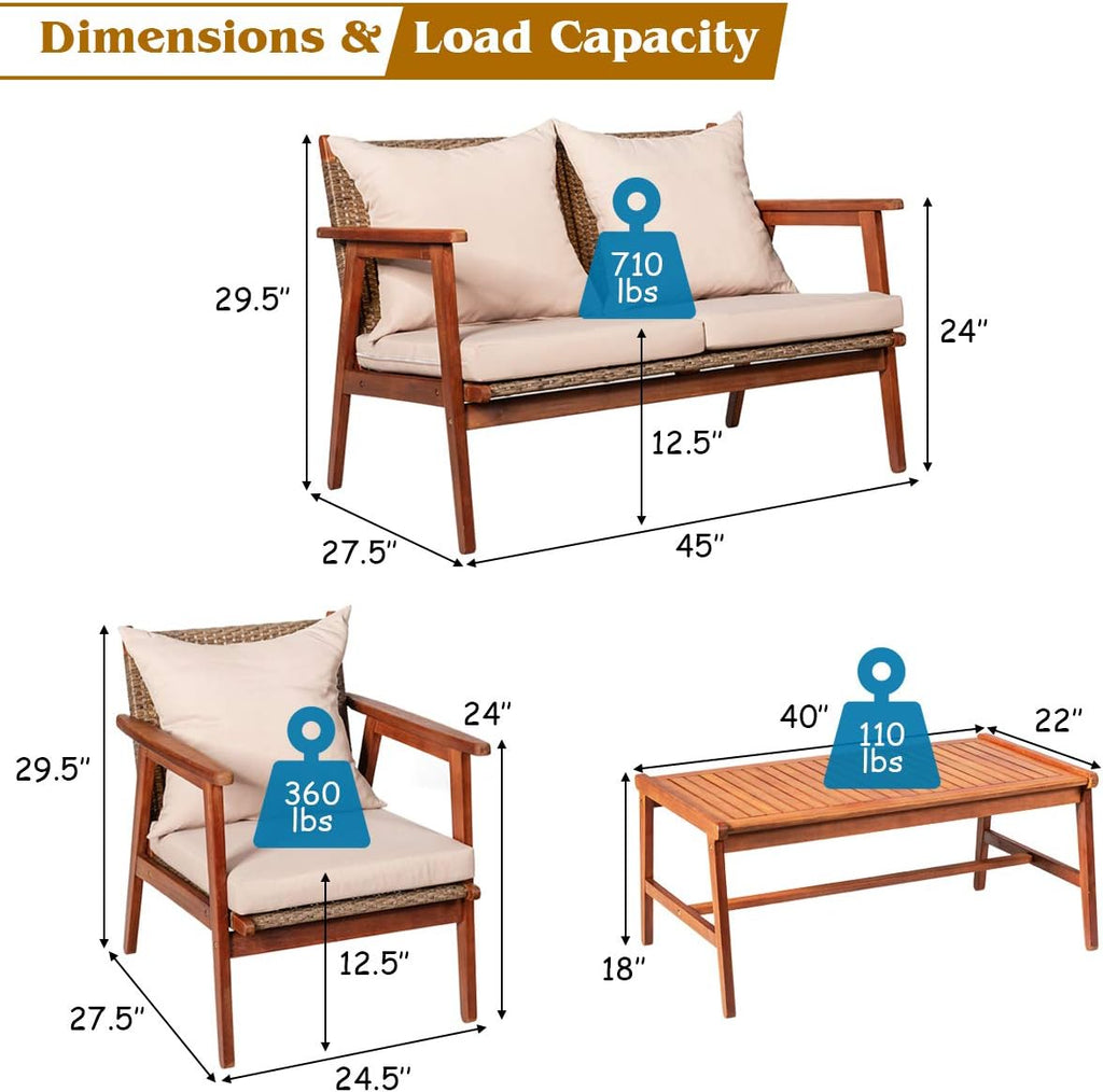 Tangkula 4 PCS Patio Wood Sofa Set, Outdoor Acacia Wood Seating Chat Set with Cushions & Coffee Table, Sectional Conversation Sofa Set for Garden, Backyard, Poolside (1, Brown)