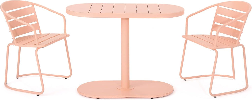 Christopher Knight Home Adley Outdoor Bistro Set, 3-Piece Bistro Table and Chair Set of 2, Patio Furniture Set with Iron Frame, Bistro Dining for Poolside Garden Cafeteria, Matte Coral