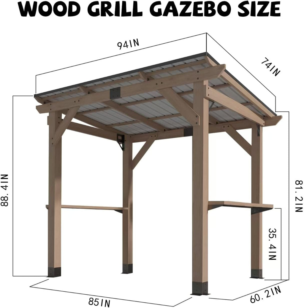 8x6 FT Outdoor Wood Grill Gazebo with Sloping Steel Roof, Hardtop Patio BBQ Wooden Gazebos with 2 Side Storage Bar,Cedar Frame Gazebo for Barbecue, Garden, Deck ，Backyard