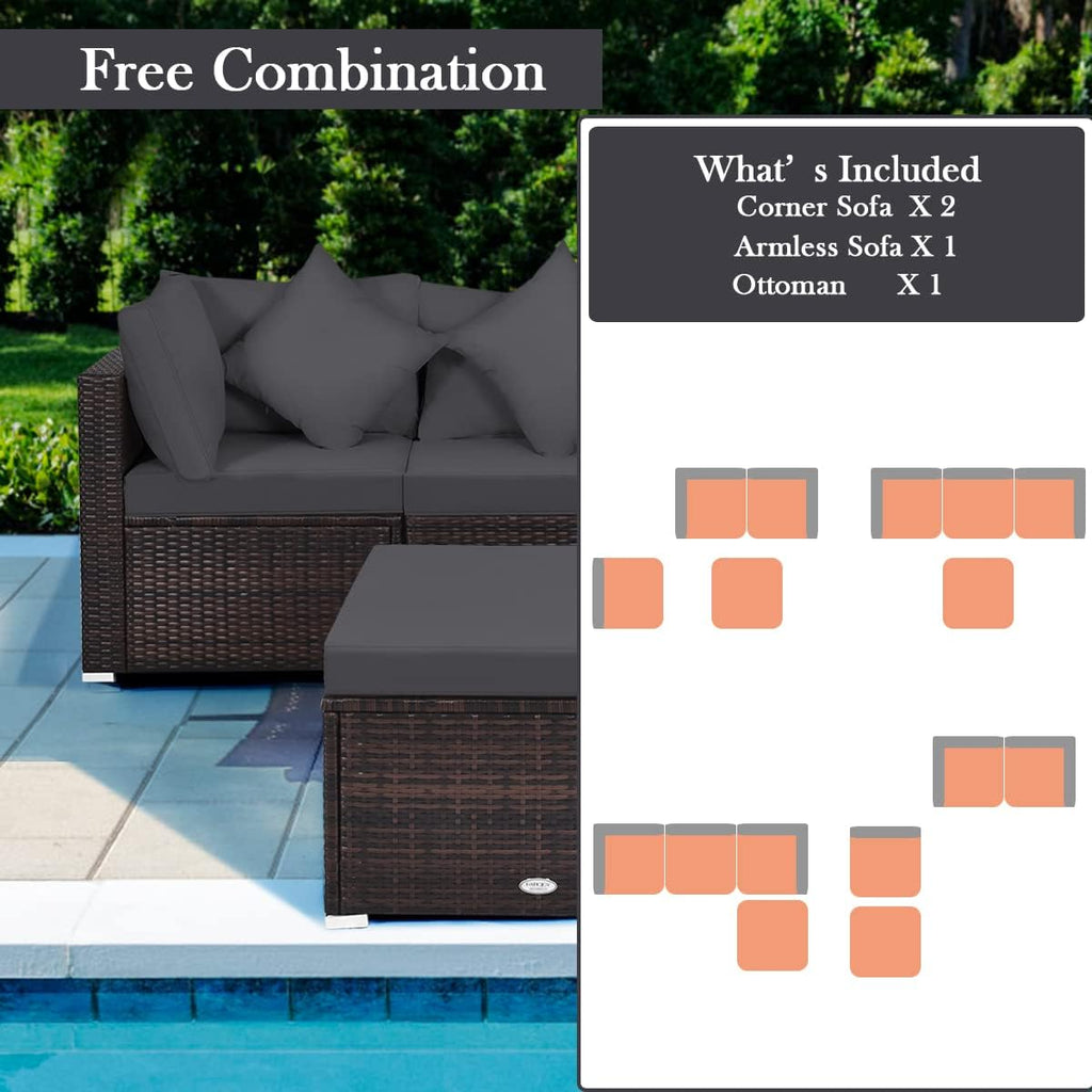 Tangkula 4 Pieces Patio Rattan Sofa Set, Outdoor Wicker Sectional Furniture Set, Patio Conversation Set with Removable Cushions & Pillows for Backyard Porch Garden Poolside Balcony (Gray)