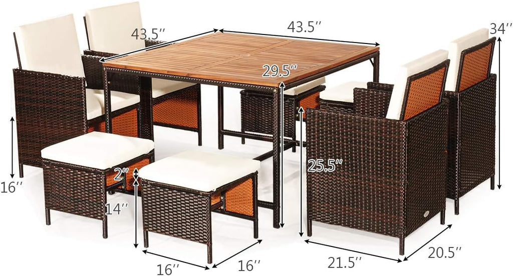 Tangkula 9 Pieces Patio Acacia Wood Table and Chairs Set with Umbrella Hole, Outdoor Space Saving Outdoor Dining Set,for Garden,Yard,Poolside