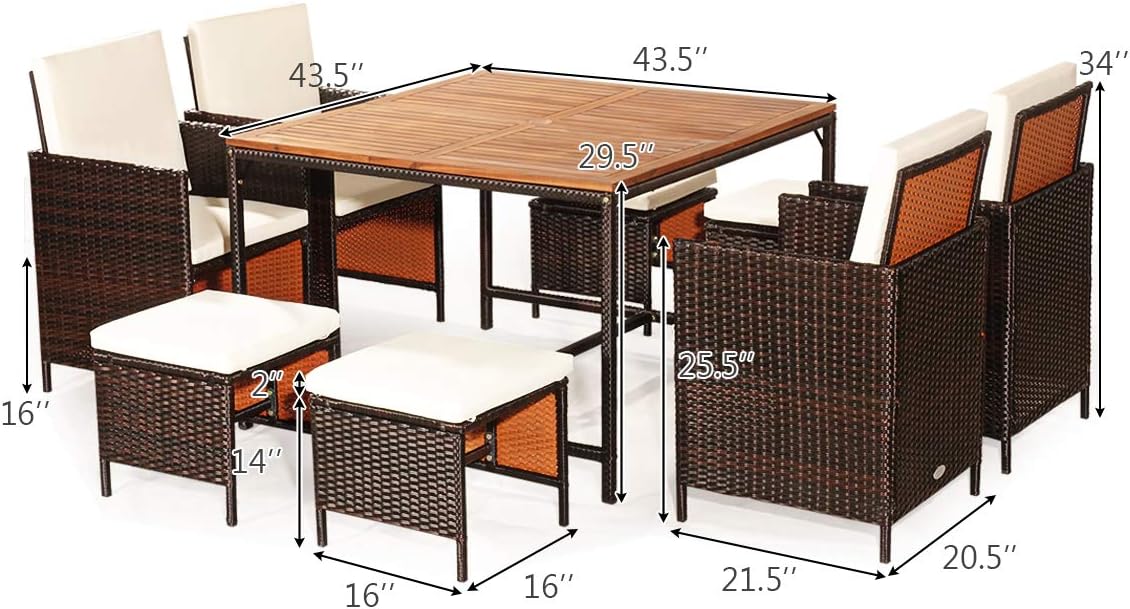Tangkula 9 Pieces Patio Acacia Wood Table and Chairs Set with Umbrella Hole, Outdoor Space Saving Outdoor Dining Set,for Garden,Yard,Poolside