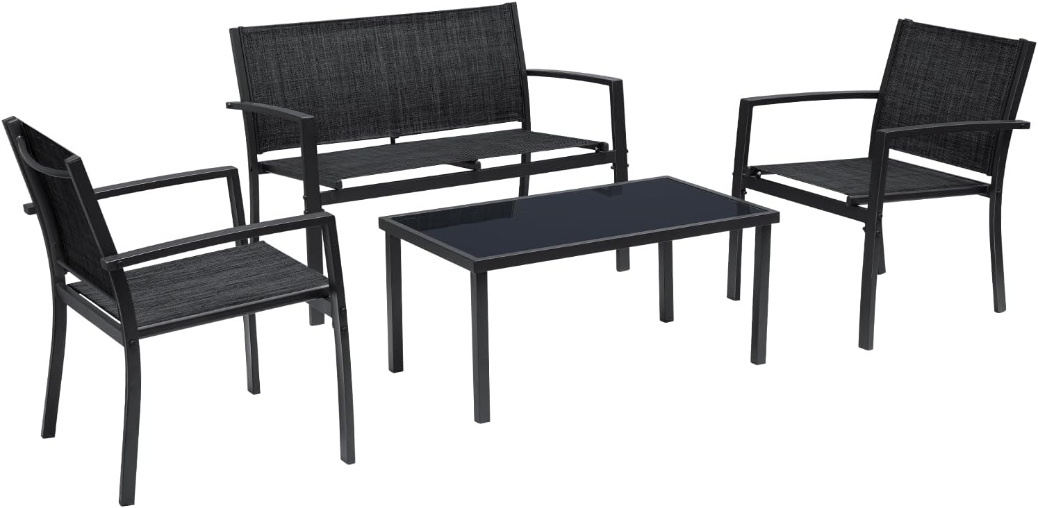 Greesum 4 Pieces Patio Furniture Set Outdoor Conversation Textilene Fabric Chairs for Lawn, Garden, Balcony, Poolside with A Glass Coffee Table, Black
