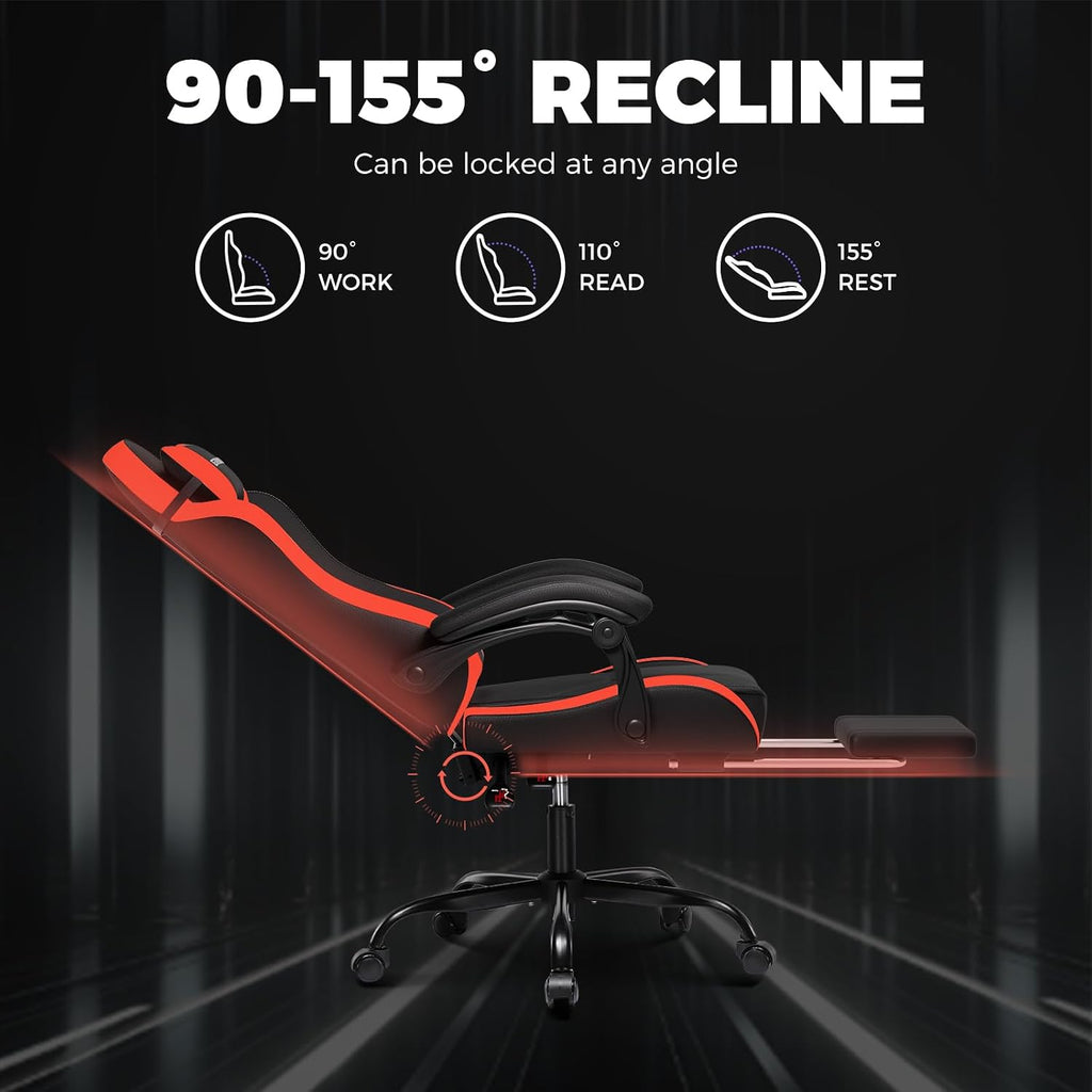 GTPLAYER Gaming Chair, Ergonomic Game Computer Chairs with Foot Rest for Adults, Adjustable PC Game Chair with Reclining Function and Comfortable Headrest for Home and Office Use (RED)