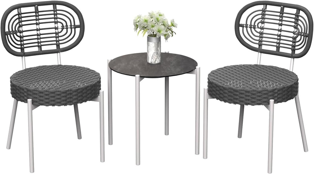 GarveeLife 3 Piece Wicker Patio Bistro Furniture Set, Outdoor Dining Chairs, Includes 2 Rattan Chairs and Tempered Glass Table, for Garden, Backyard, Balcony, Apartment, White & Grey