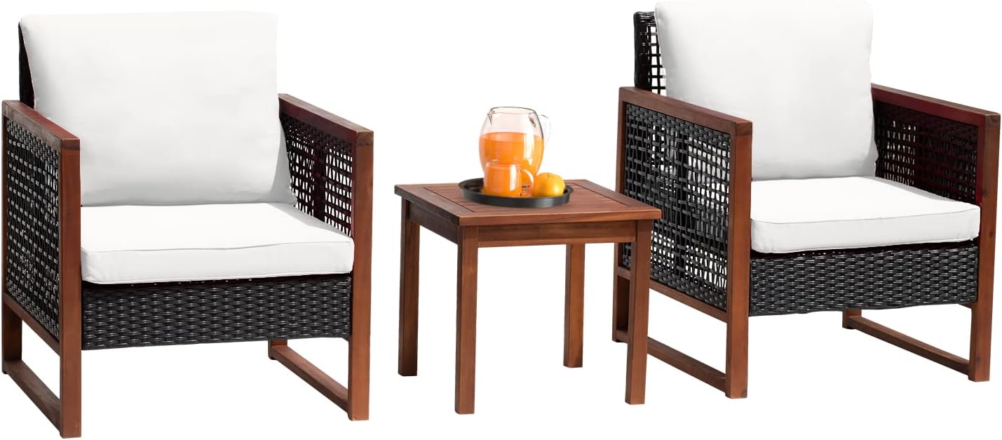 Patio Furniture 3-Piece Acacia Wood Patio Bistro Set Outdoor Chat Conversation Table Chair Set with Water Resistant Cushions and Coffee Table for Beach Backyard Garden,Khaki Cushion