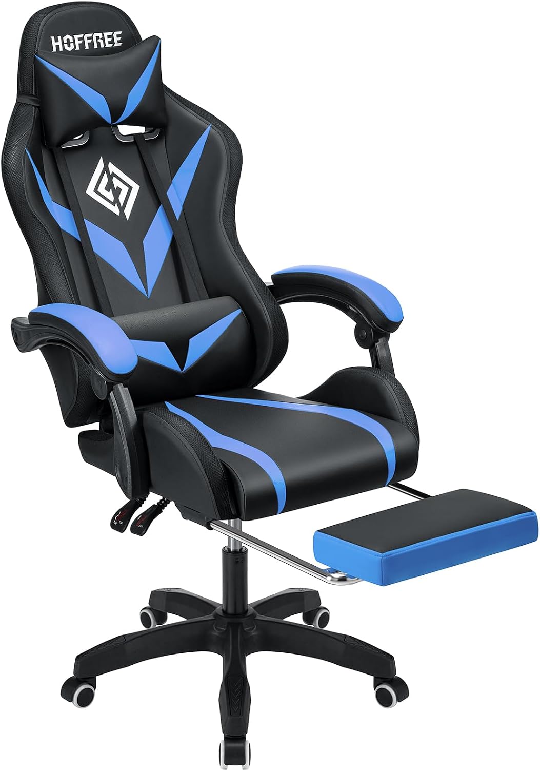 HOFFREE Gaming Chair Massage with Bluetooth Speakers and Led Lights Ergonomic Computer Gaming Chair with Footrest RGB Video Game Chair with High Back Lumbar Support Blue and Black