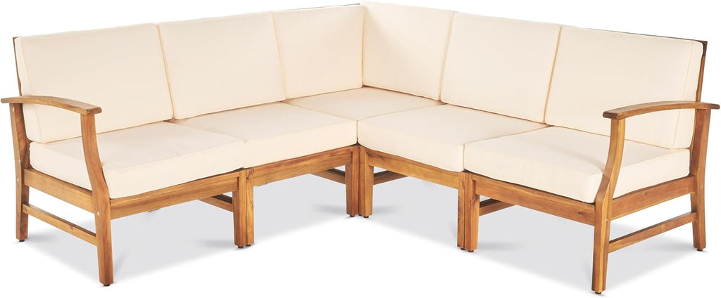 Christopher Knight Home Perla 5 Piece Patio Furniture Set, 5 Seater Acacia Wood Outdoor Corner Sofa Set, Patio Sectional Sofa Couch with Water Resistant Cushions, Teak+Cream