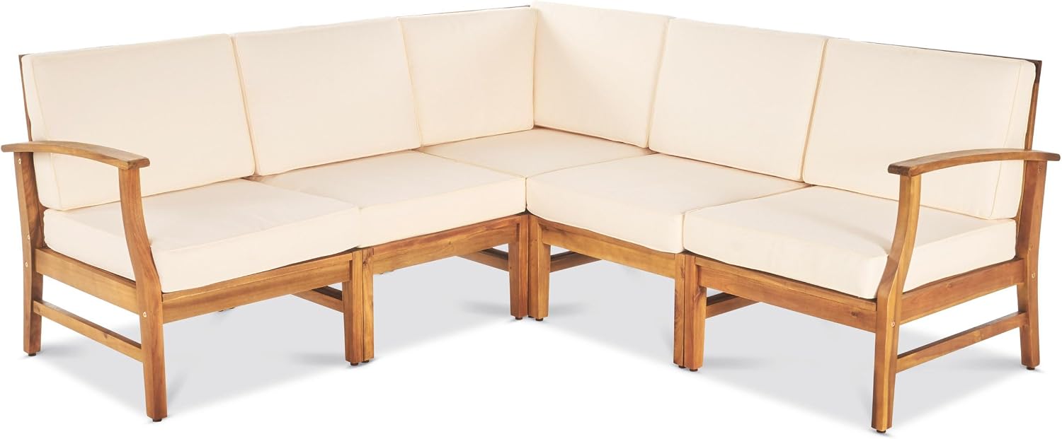 Christopher Knight Home Perla 5 Piece Patio Furniture Set, 5 Seater Acacia Wood Outdoor Corner Sofa Set, Patio Sectional Sofa Couch with Water Resistant Cushions, Teak+Cream