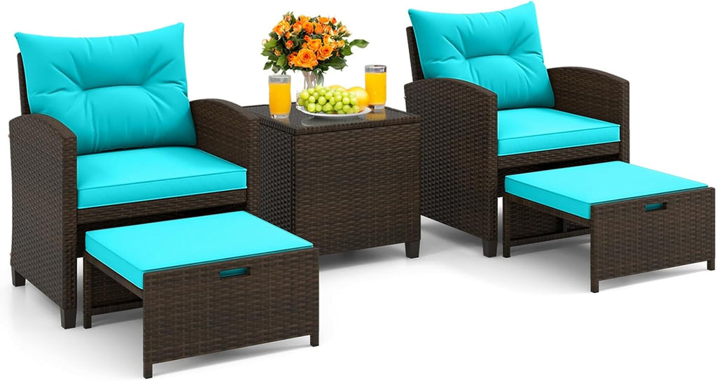 KOTEK 5 Pieces Patio Furniture Set with Ottomans, Wicker Patio Conversation Set with Coffee Table & Cushions, PE Rattan Outdoor Lounge Chairs for Backyard, Porch, Poolside (Mix Brown- Turquoise)