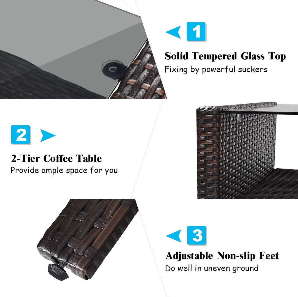 COSTWAY 4-Piece Patio Furniture Set, Sectional Wicker Rattan Sofa Chair with Cushion, Loveseat, Coffee Table with Tempered Glass and Shelf, Outdoor Conversation Sets for Poolside Porch (Turquoise)