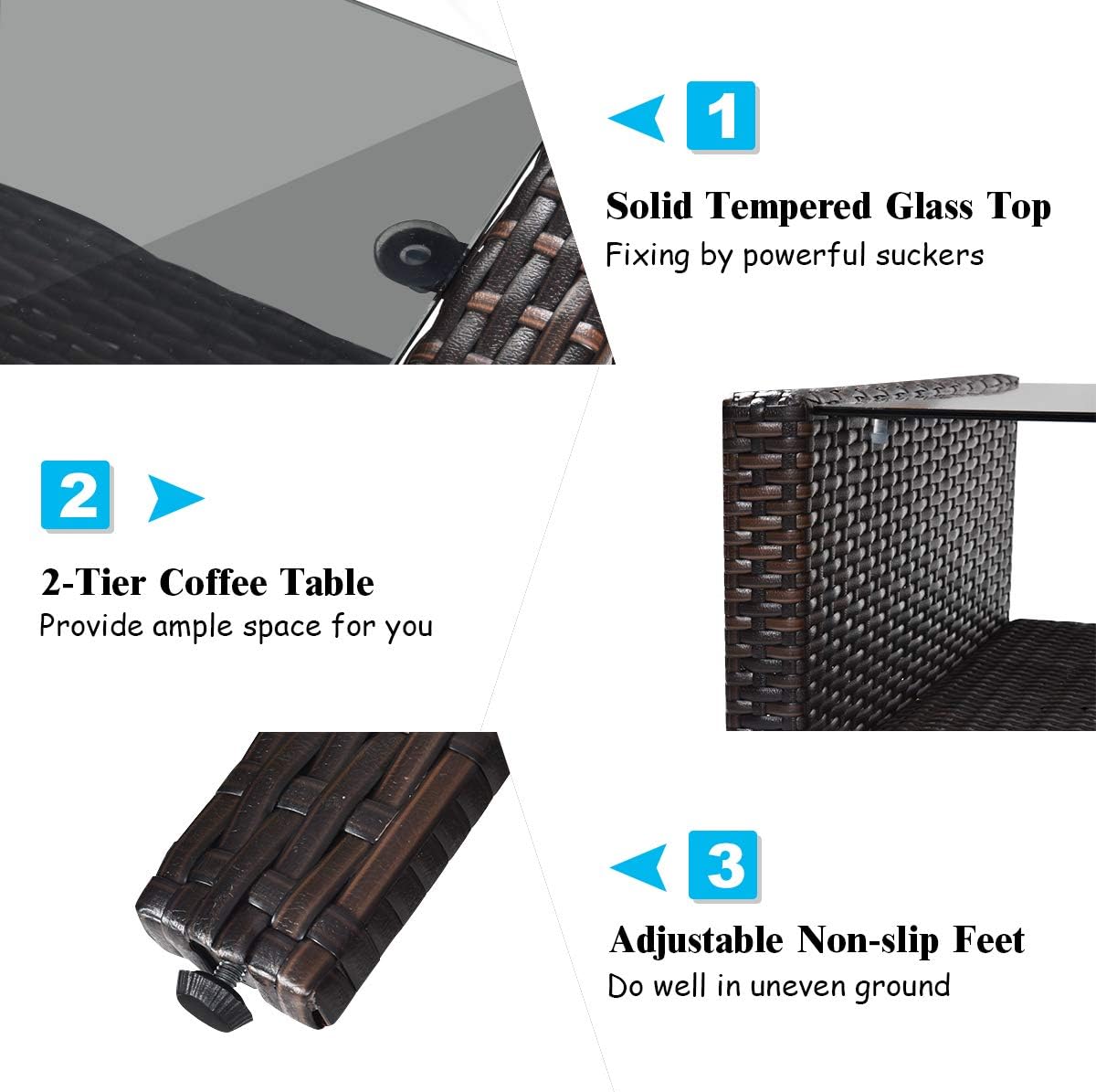 COSTWAY 4-Piece Patio Furniture Set, Sectional Wicker Rattan Sofa Chair with Cushion, Loveseat, Coffee Table with Tempered Glass and Shelf, Outdoor Conversation Sets for Poolside Porch (Turquoise)