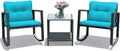 COSTWAY 3 Pieces Patio Rattan Rocking Chair Set, Outdoor Conversation Furniture Sets with Coffee Table, Storage Shelf and Cushions, Modern Bistro Set for Porch, Backyard, Garden, Turquoise