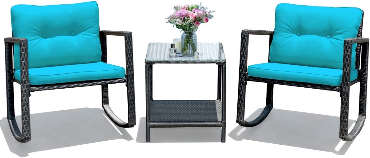 COSTWAY 3 Pieces Patio Rattan Rocking Chair Set, Outdoor Conversation Furniture Sets with Coffee Table, Storage Shelf and Cushions, Modern Bistro Set for Porch, Backyard, Garden, Turquoise