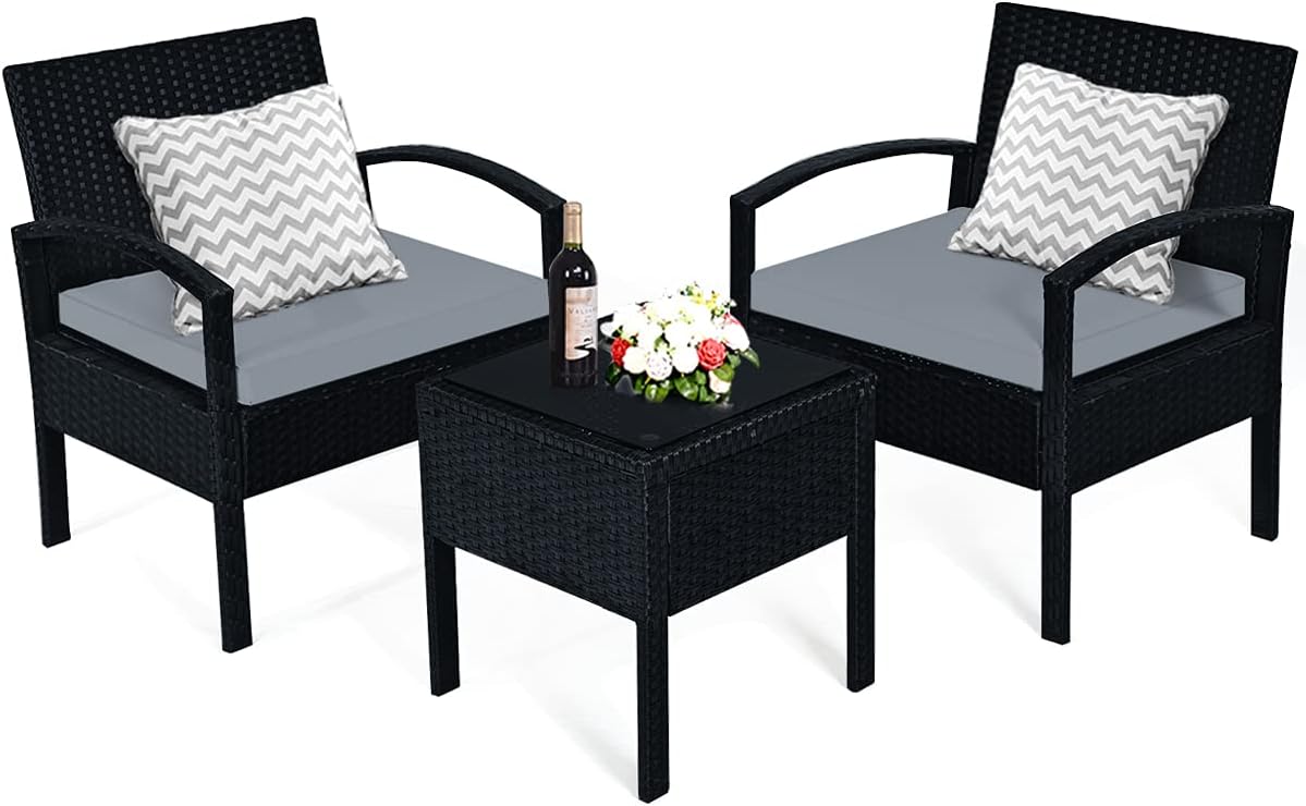 Tangkula 3 Piece Patio Conversation Set, Outdoor Rattan Sofa Set with Seat Cushions & Coffee Table, Patio Wicker Furniture Set for Garden Balcony Backyard Poolside (Grey)