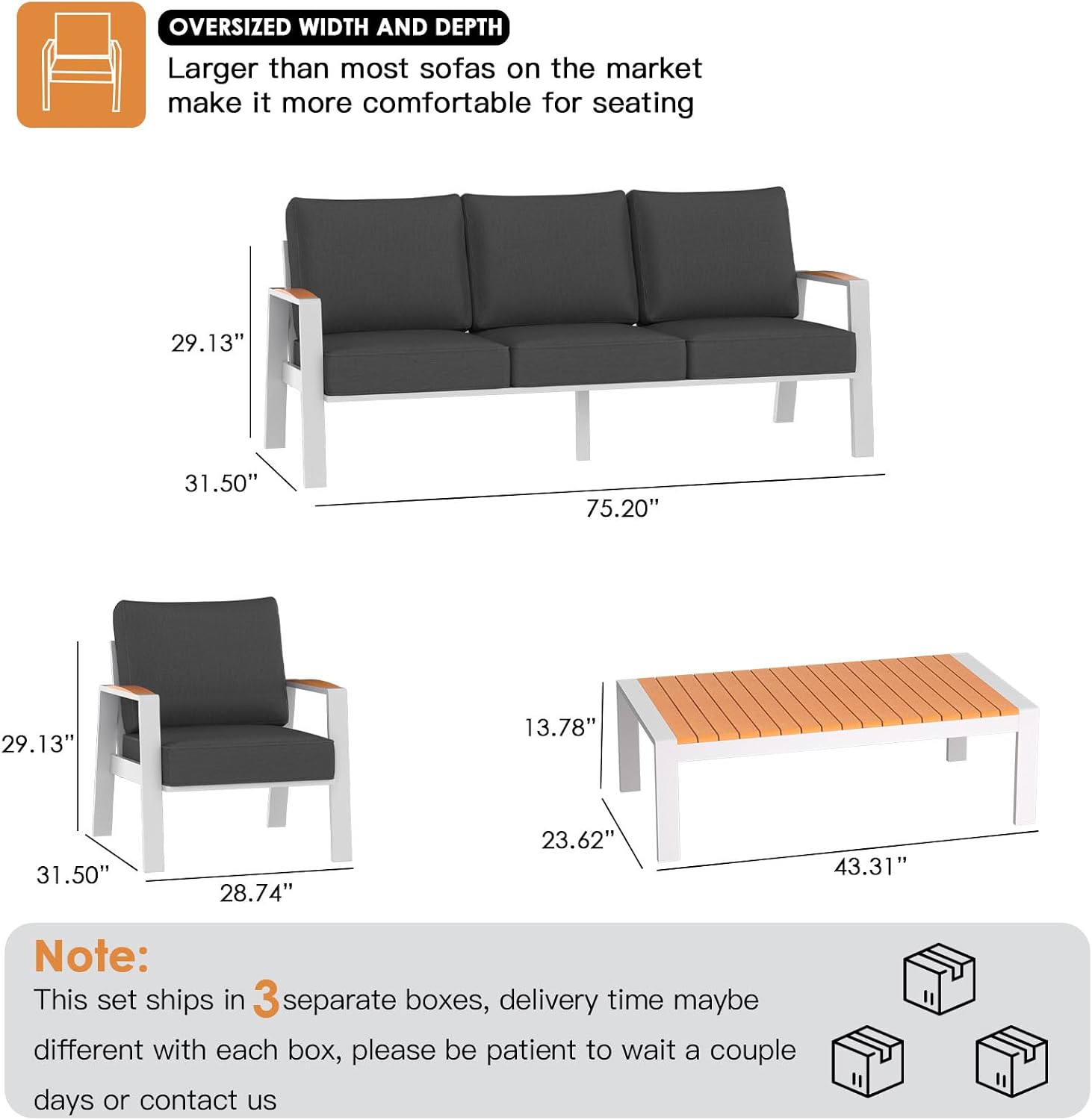 Aluminum Patio Furniture Set, 4 Piece Modern Outdoor Coversation Sets with Teak Coffee Table, Metal Sectional Sofa Couch for Porch, Balcony, Deck, Dark Gray
