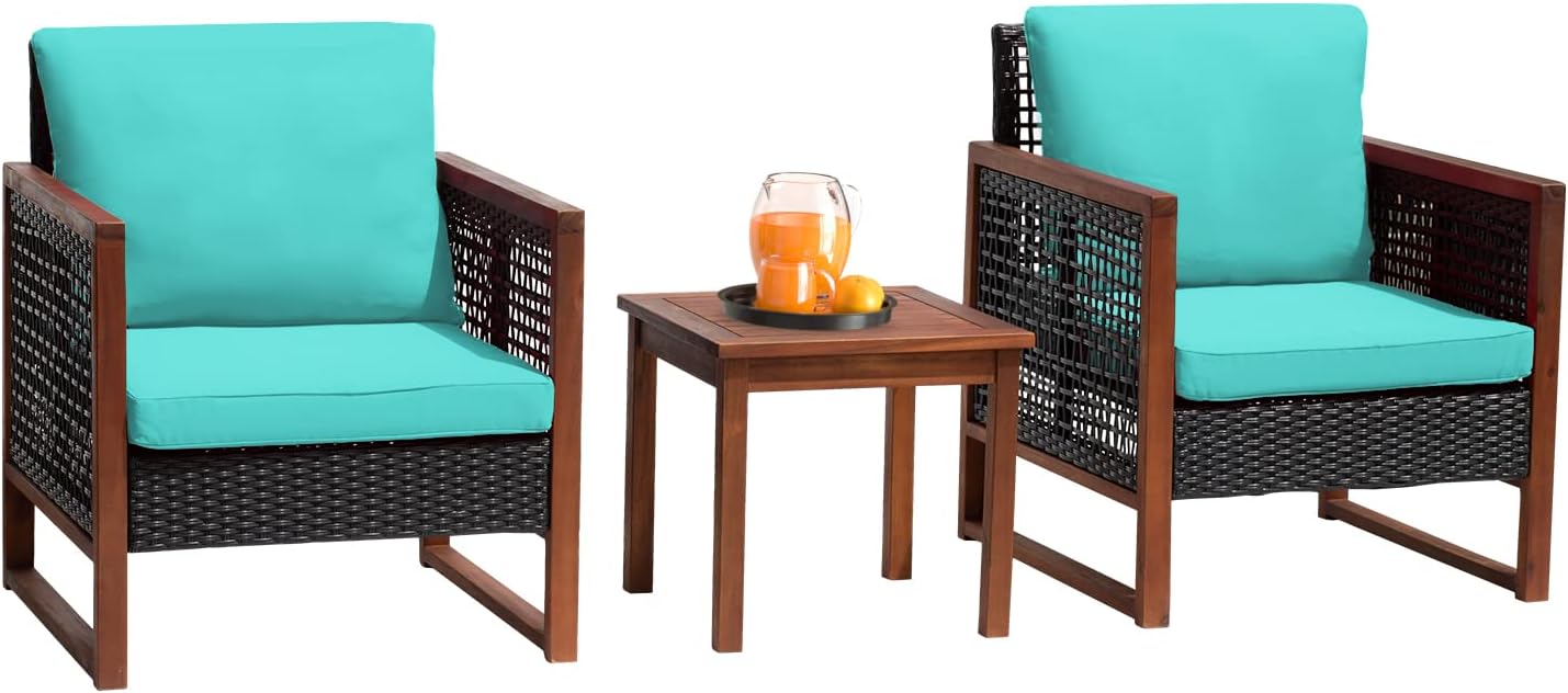 FDW 3-Piece Patio Bistro Set Acacia Wood Outdoor Chat Conversation Table Chair Set Outdoor Wood Chat Set with Water Resistant Cushions and Coffee Table for Beach Backyard Garden,Blue Cushion