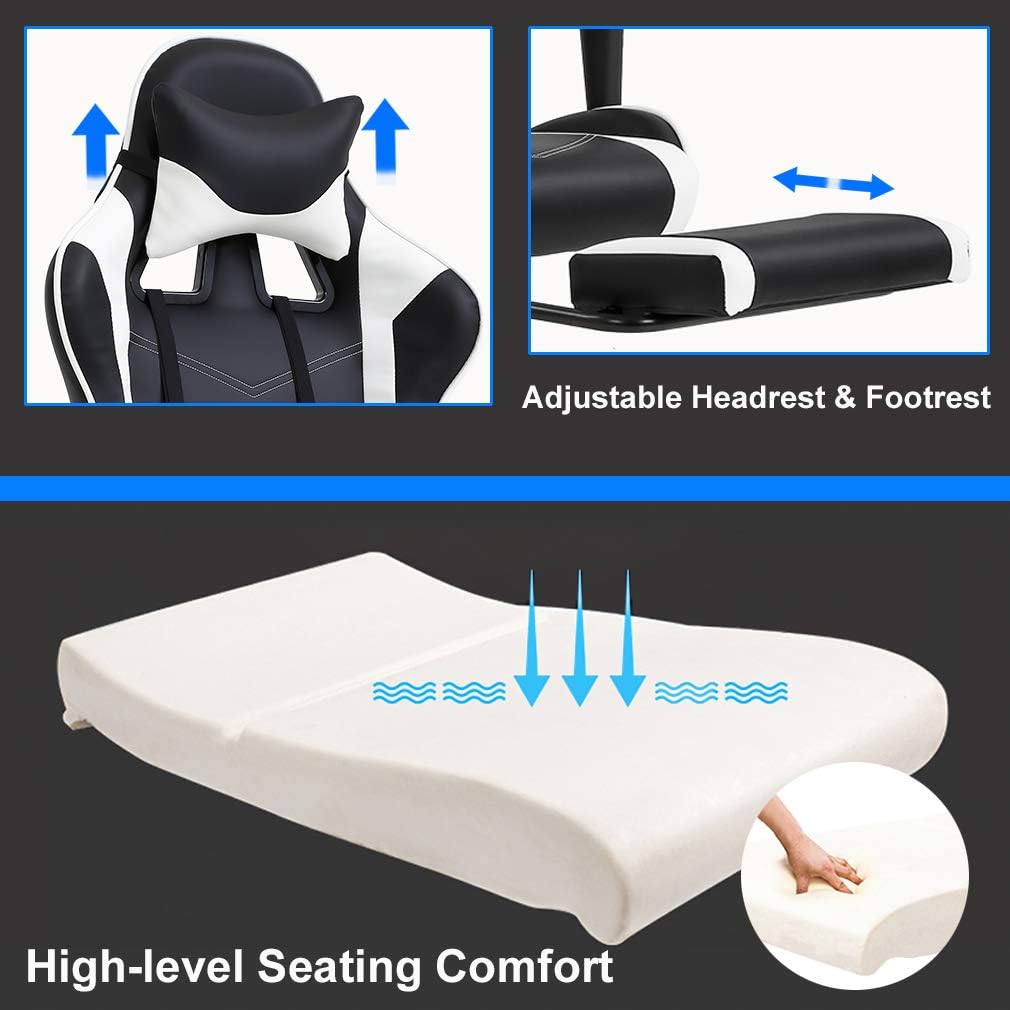 BestOffice PC Gaming Chair Racing Office Chair Ergonomic Desk Chair Massage PU Leather Recliner Computer Chair with Lumbar Support Headrest Armrest Footrest Rolling Swivel Task Chair for Adults, White