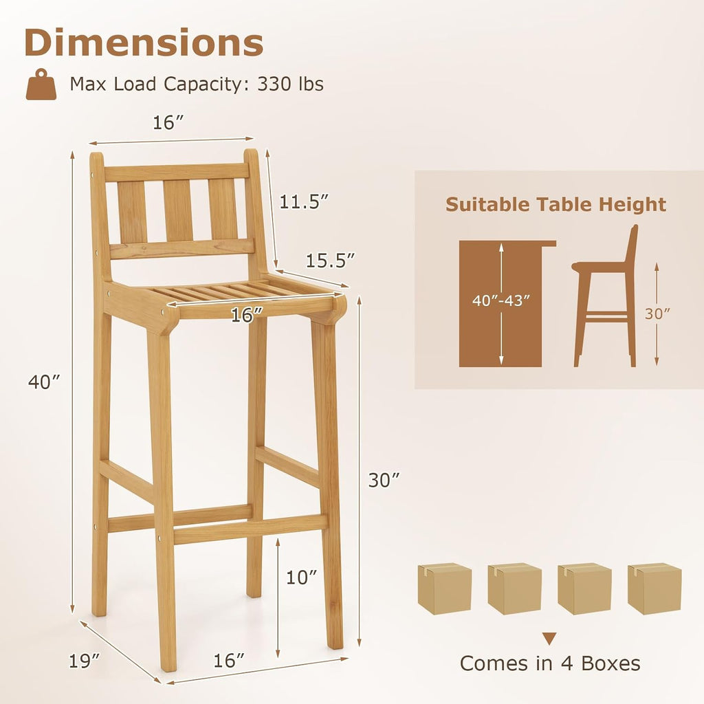 Tangkula Teak Wood Bar Stool Set of 4, 30' Bar Chair with Footrest & Backrest, Wooden Bar Height Chair, Patio Furniture for Deck, Poolside & Garden, Natural(4)