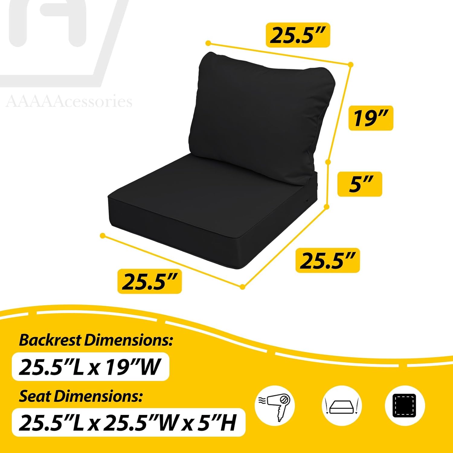 AAAAAcessories Outdoor Deep Seat Cushions, Waterproof, Fade-Resistant Patio Furniture Replacement Cushions, 23.5' x 25.5' x 5' + 23.5' x 19', Set of 4, Black